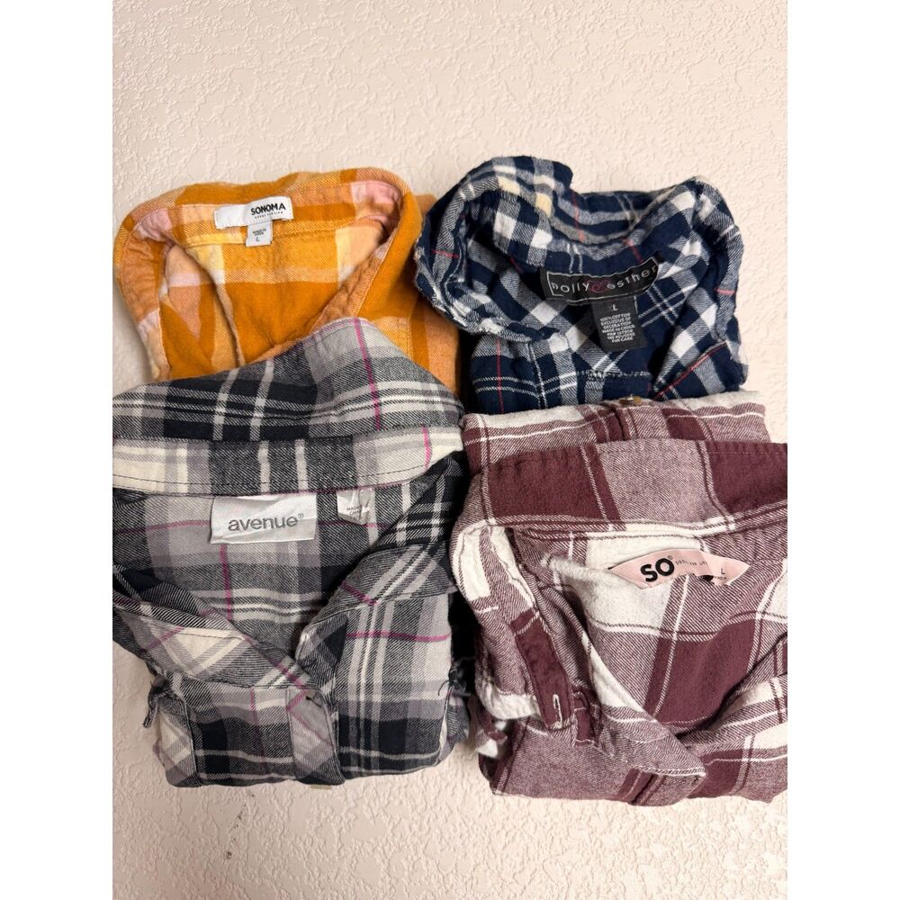 Women’s Plaid Flannel Shirt Bundle Lot of 4 Size L